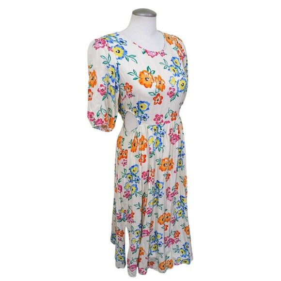 F&F Dress US Size 8 Ivory Colorful Floral Puff Sleeve Midi Waist Cut Out Summer - Picture 2 of 7